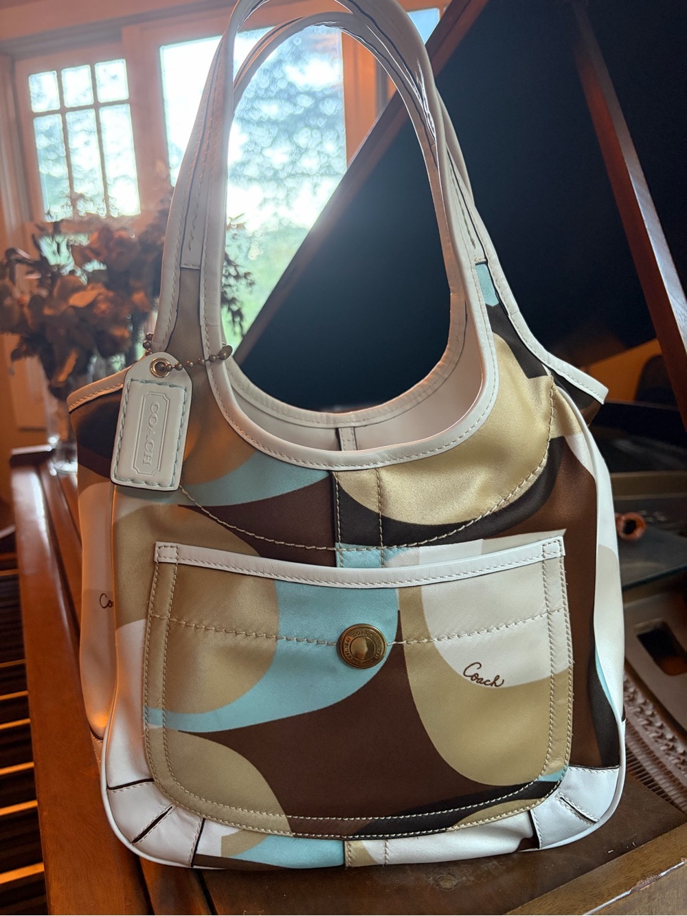 Coach Multicolor Beige Brown Blue Signature Shoulder Bag